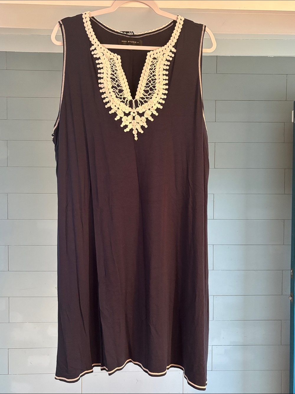 Sleeveless Navy Dress with Cream Crochet Neckline